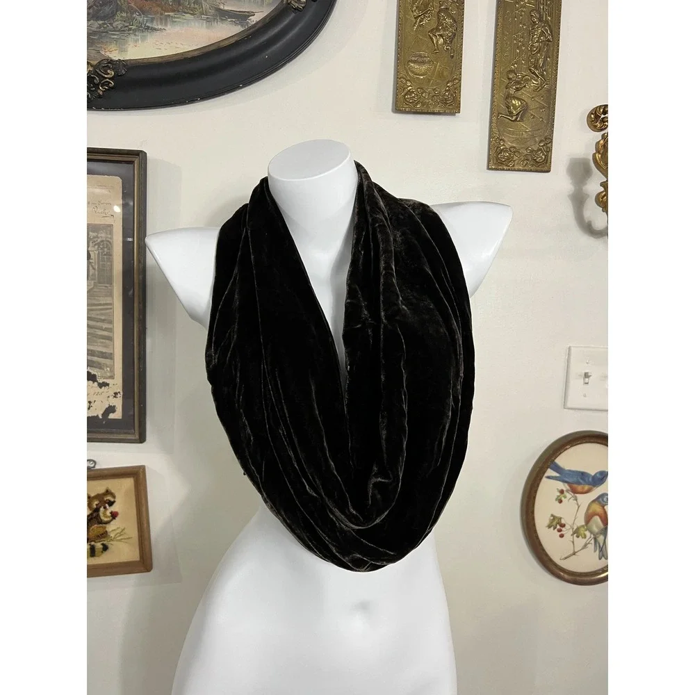 Vintage Dark Brown Velvet Infinity Scarf with Satin Bow Accent